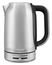 Silberner Wasserkocher mit schwarzem Griff, seitliche Ansicht, Temperaturanzeige an der Basis