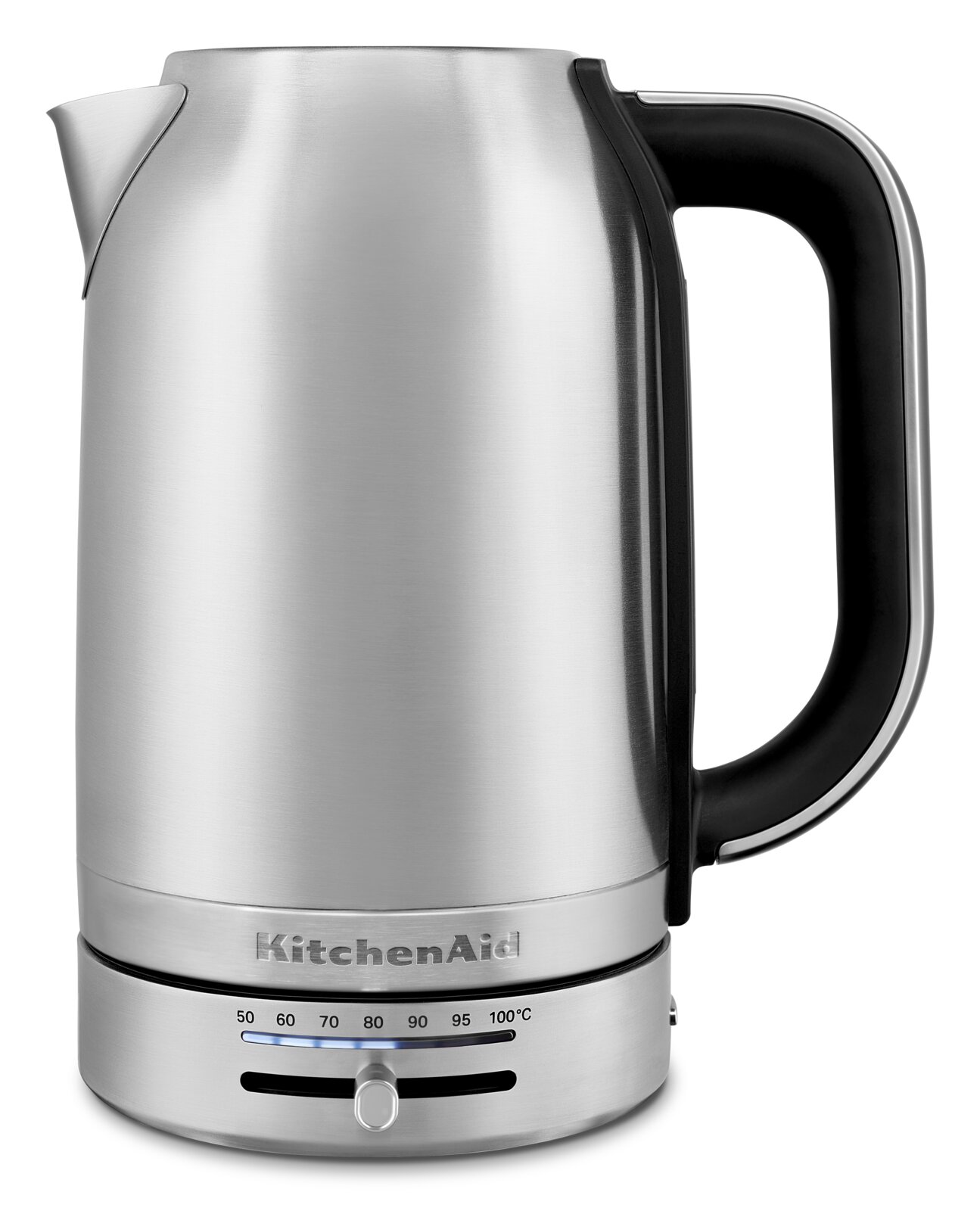 Silberner Wasserkocher mit schwarzem Griff, seitliche Ansicht, Temperaturanzeige an der Basis