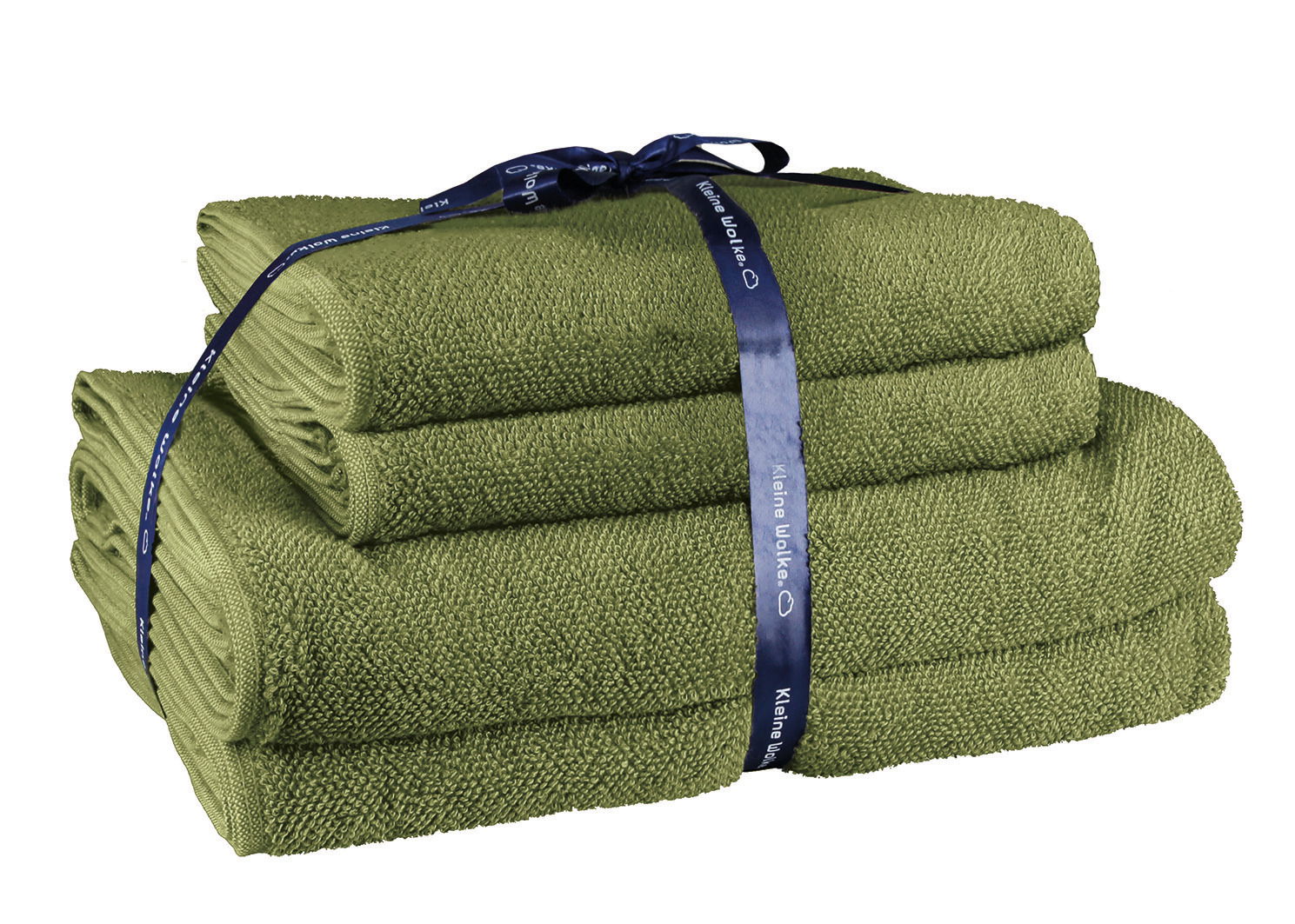 Kleine Wolke Handtuchset 4-tlg. CHILL Grünes Handtuchset, bestehend aus vier Teilen, gebunden mit einem blauen Band, seitliche Perspektive