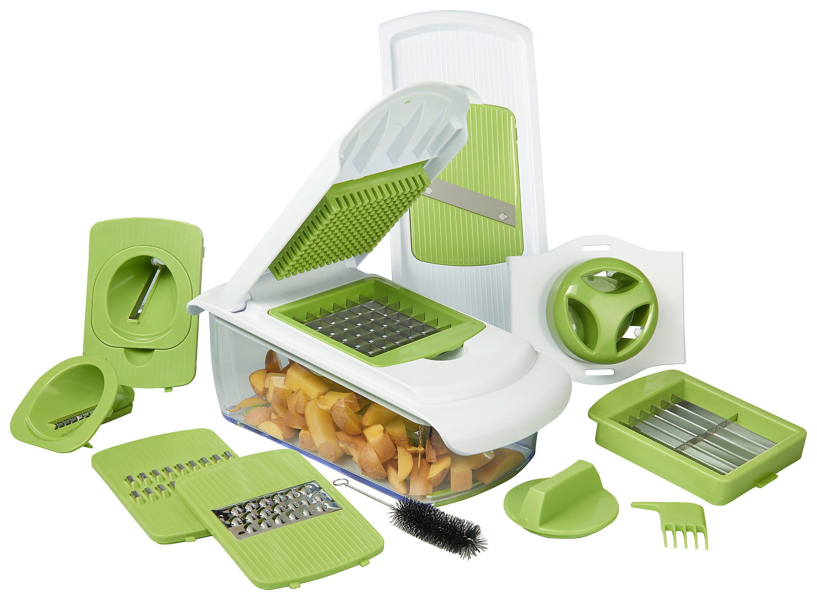 Homeware Allesschneider 14tlg. Allesschneider 14-teilig in grüner und weißer Farbe, mit verschiedenen Aufsätzen und einer transparenten Auffangbox, aus der Perspektive von oben leicht seitlich fotografiert.