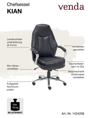 Schwarzer Chefsessel KIAN mit gepolsterten Armlehnen, Lendenwirbelunterstützung in S-Form, höhenverstellbarem Sitz, Taschenfederkern im Sitz, stufenweise verstellbarer Wippmechanik und poliertem Aluminium-Fußgestell. Frontalansicht.