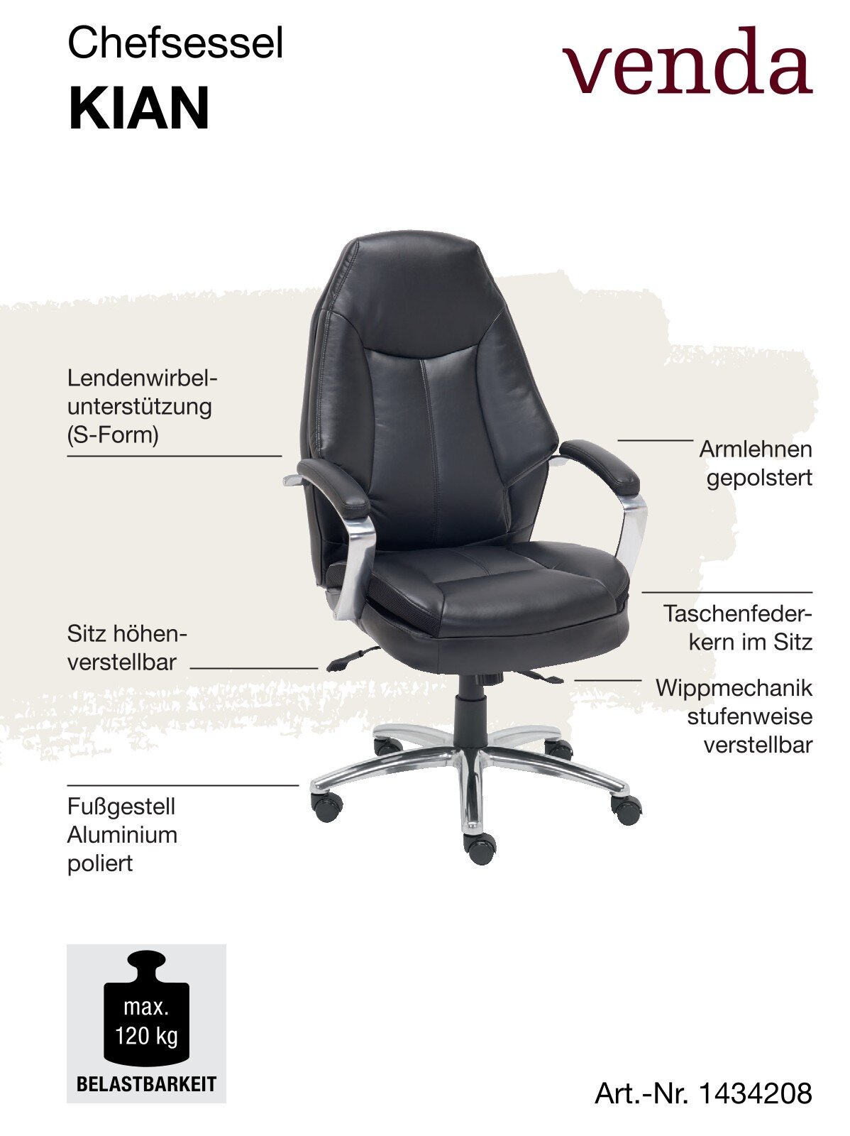Schwarzer Chefsessel KIAN mit gepolsterten Armlehnen, Lendenwirbelunterstützung in S-Form, höhenverstellbarem Sitz, Taschenfederkern im Sitz, stufenweise verstellbarer Wippmechanik und poliertem Aluminium-Fußgestell. Frontalansicht.