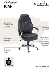 Schwarzer Chefsessel KIAN mit gepolsterten Armlehnen, Lendenwirbelunterstützung in S-Form, höhenverstellbarem Sitz, Taschenfederkern im Sitz, stufenweise verstellbarer Wippmechanik und poliertem Aluminium-Fußgestell. Frontalansicht.