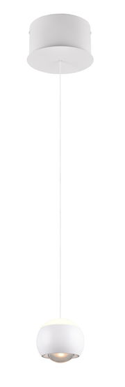 Moderne weiße Pendelleuchte mit kugelförmigem Lampenschirm, von unten betrachtet.