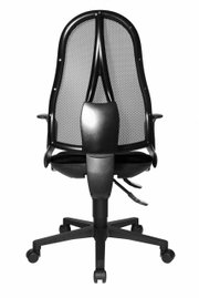 Achterkant van een ergonomische draaistoel met rugleuning van gaas en verstelbare armleuningen.