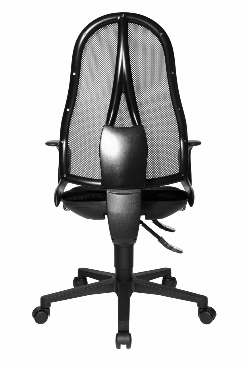 Achterkant van een ergonomische draaistoel met rugleuning van gaas en verstelbare armleuningen.