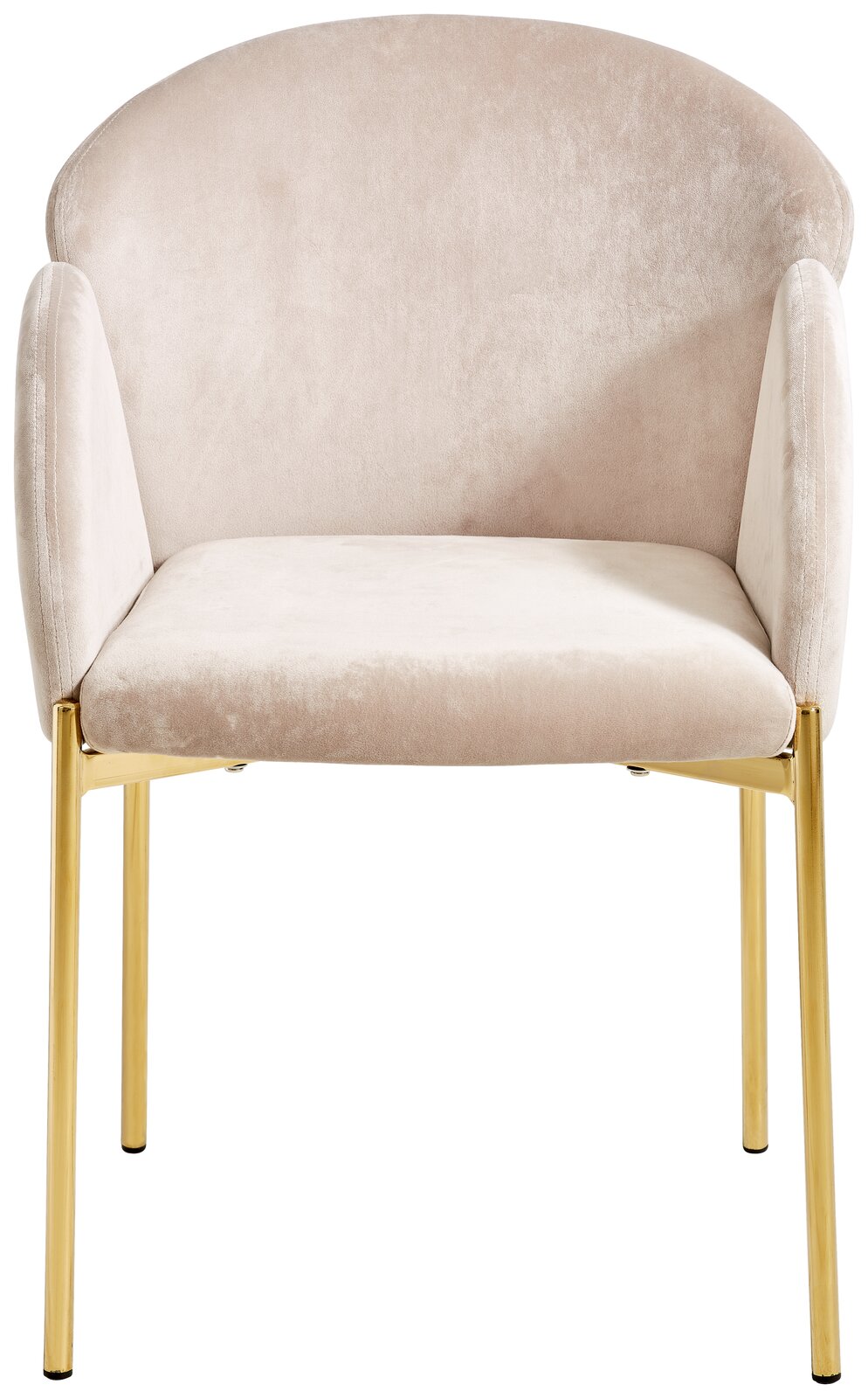 Eleganter Sessel mit beigem Samtbezug und goldenen Metallbeinen, Frontalansicht