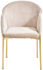 Elegante fauteuil met beige fluwelen bekleding en gouden metalen poten, vooraanzicht