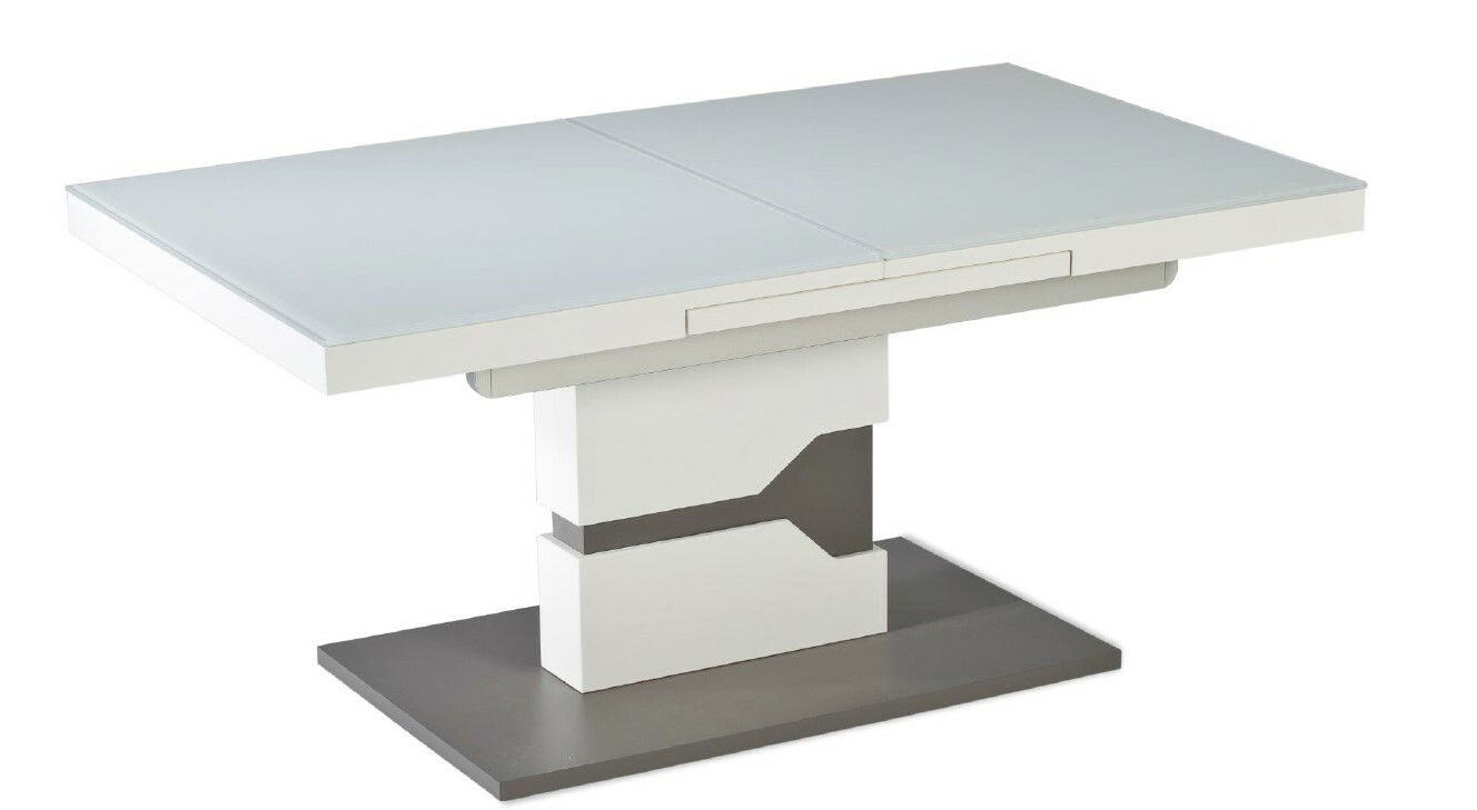 Moderner Couchtisch mit rechteckiger Glasplatte und stabilem Sockel, seitliche Perspektive