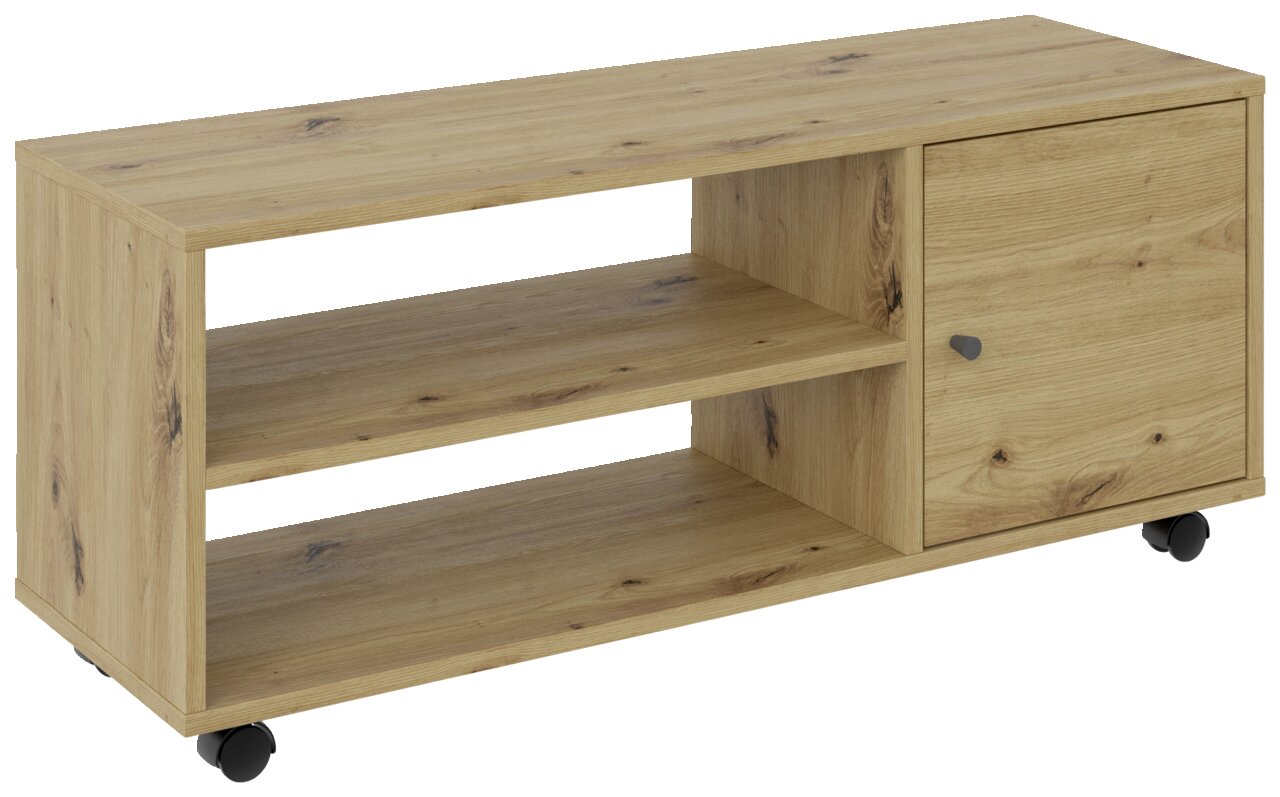 TV-Rollwagen aus Holz mit zwei offenen Regalfächern und einer Tür, auf Rollen, seitliche Perspektive