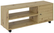 TV-Rollwagen aus Holz mit zwei offenen Regalfächern und einer Tür, auf Rollen, seitliche Perspektive