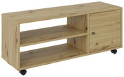 TV-Rollwagen aus Holz mit zwei offenen Regalfächern und einer Tür, auf Rollen, seitliche Perspektive