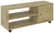TV-Rollwagen aus Holz mit zwei offenen Regalfächern und einer Tür, auf Rollen, seitliche Perspektive