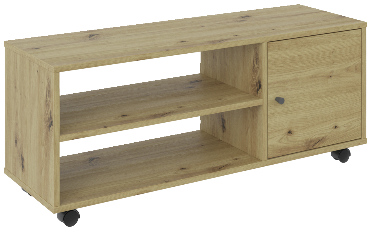 TV-Rollwagen aus Holz mit zwei offenen Regalfächern und einer Tür, auf Rollen, seitliche Perspektive