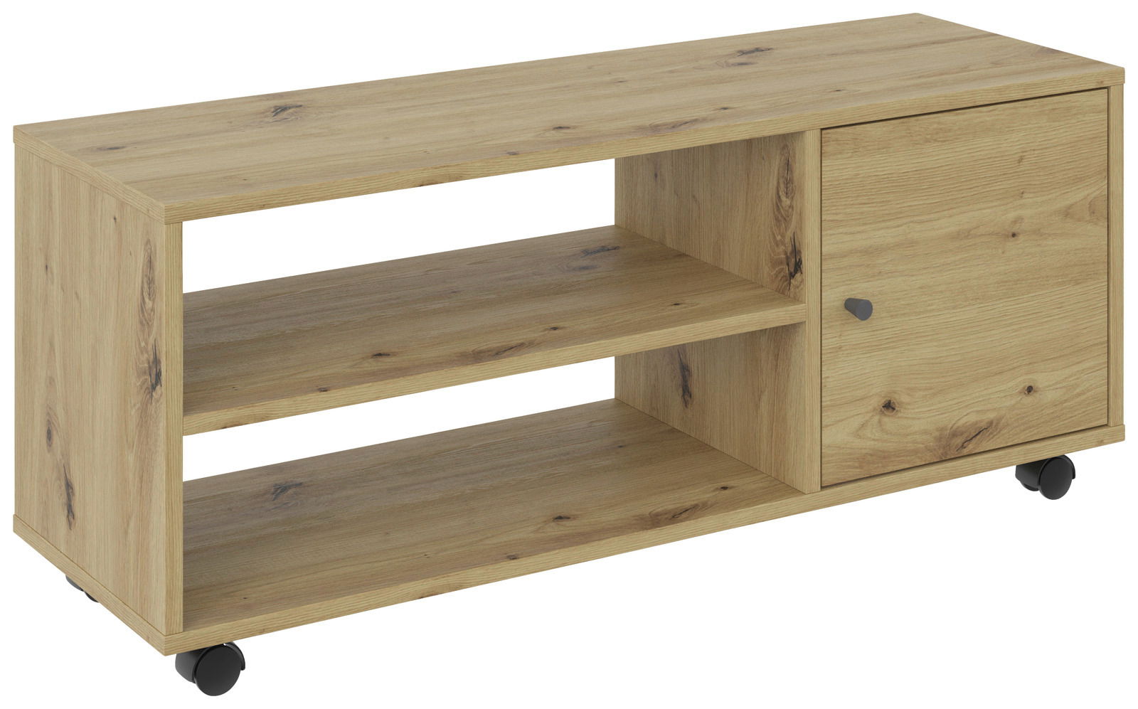 TV-Rollwagen aus Holz mit zwei offenen Regalfächern und einer Tür, auf Rollen, seitliche Perspektive