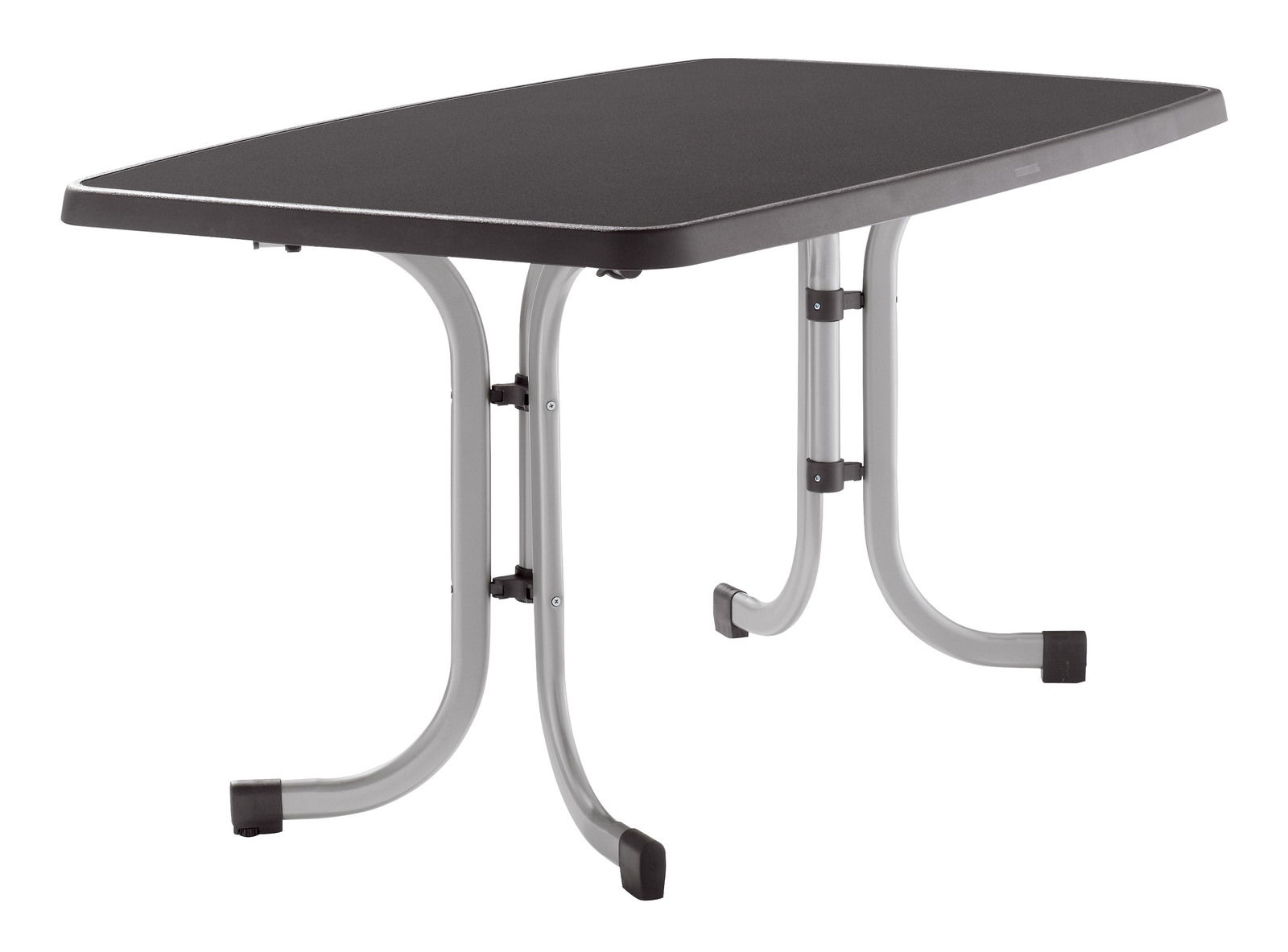 Sieger Klapptisch 150x90 Graphit MECALIT BOULEVARD Klapptisch in Graphitfarbe, seitliche Perspektive, zeigt die stabilen Metallbeine und die rechteckige Tischplatte.