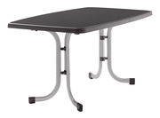 Klapptisch in Graphitfarbe, seitliche Perspektive, zeigt die stabilen Metallbeine und die rechteckige Tischplatte.