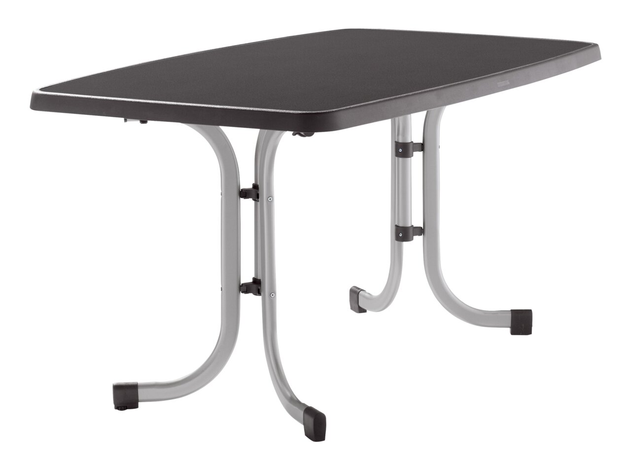 Sieger Klapptisch 150x90 Graphit MECALIT BOULEVARD Klapptisch in Graphitfarbe, seitliche Perspektive, zeigt die stabilen Metallbeine und die rechteckige Tischplatte.