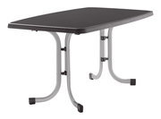 Klapptisch in Graphitfarbe, seitliche Perspektive, zeigt die stabilen Metallbeine und die rechteckige Tischplatte.