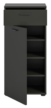 Schuhschrank in dunkler Farbe mit einer offenen Schublade und einer geöffneten Tür, die mehrere Regalböden zeigt. Perspektive von vorne.