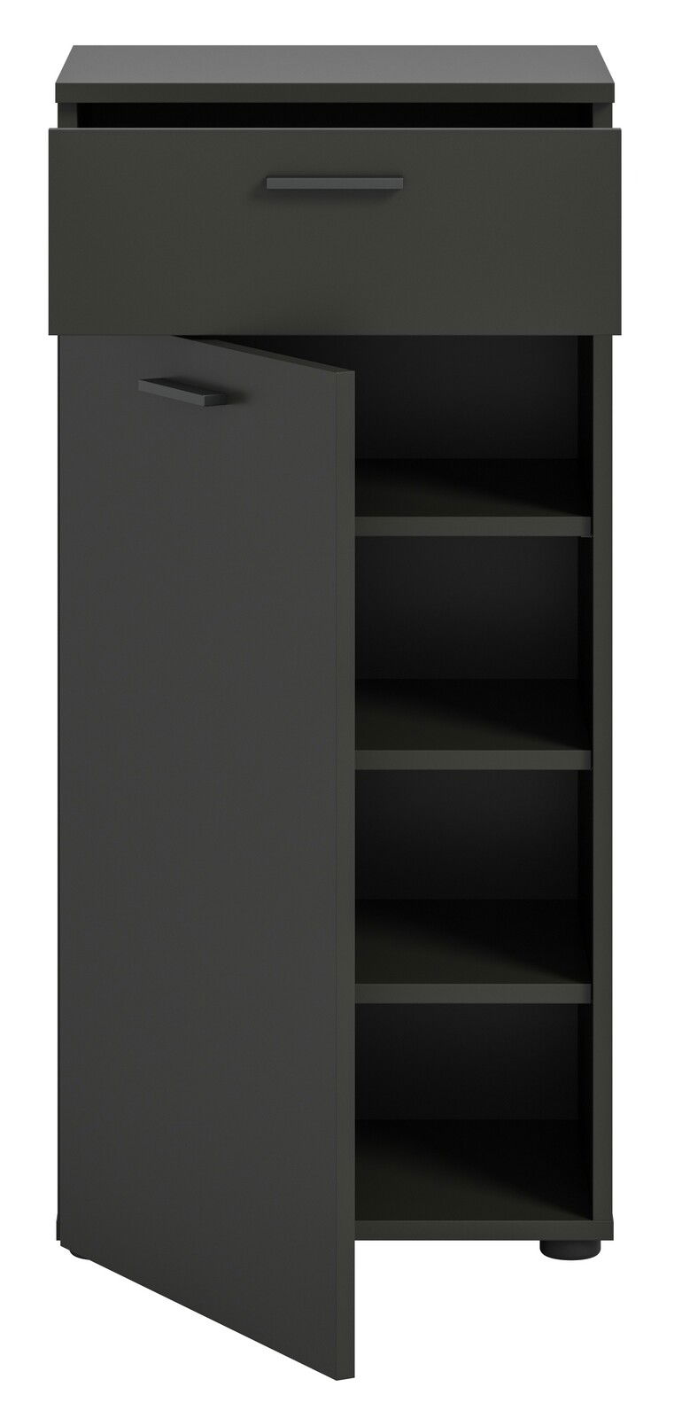 Schuhschrank in dunkler Farbe mit einer offenen Schublade und einer geöffneten Tür, die mehrere Regalböden zeigt. Perspektive von vorne.