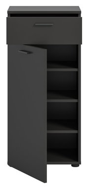 Schuhschrank in dunkler Farbe mit einer offenen Schublade und einer geöffneten Tür, die mehrere Regalböden zeigt. Perspektive von vorne.