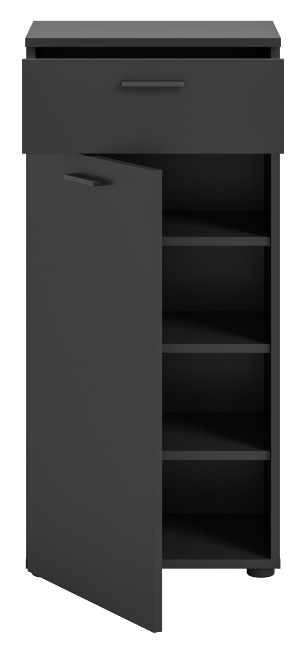 Schoenenkast in een donkere kleur met een open lade en een open deur, waarachter verschillende planken te zien zijn. Aanzicht van voren.