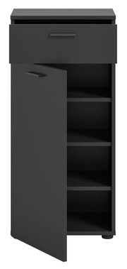 Schoenenkast in een donkere kleur met een open lade en een open deur, waarachter verschillende planken te zien zijn. Aanzicht van voren.