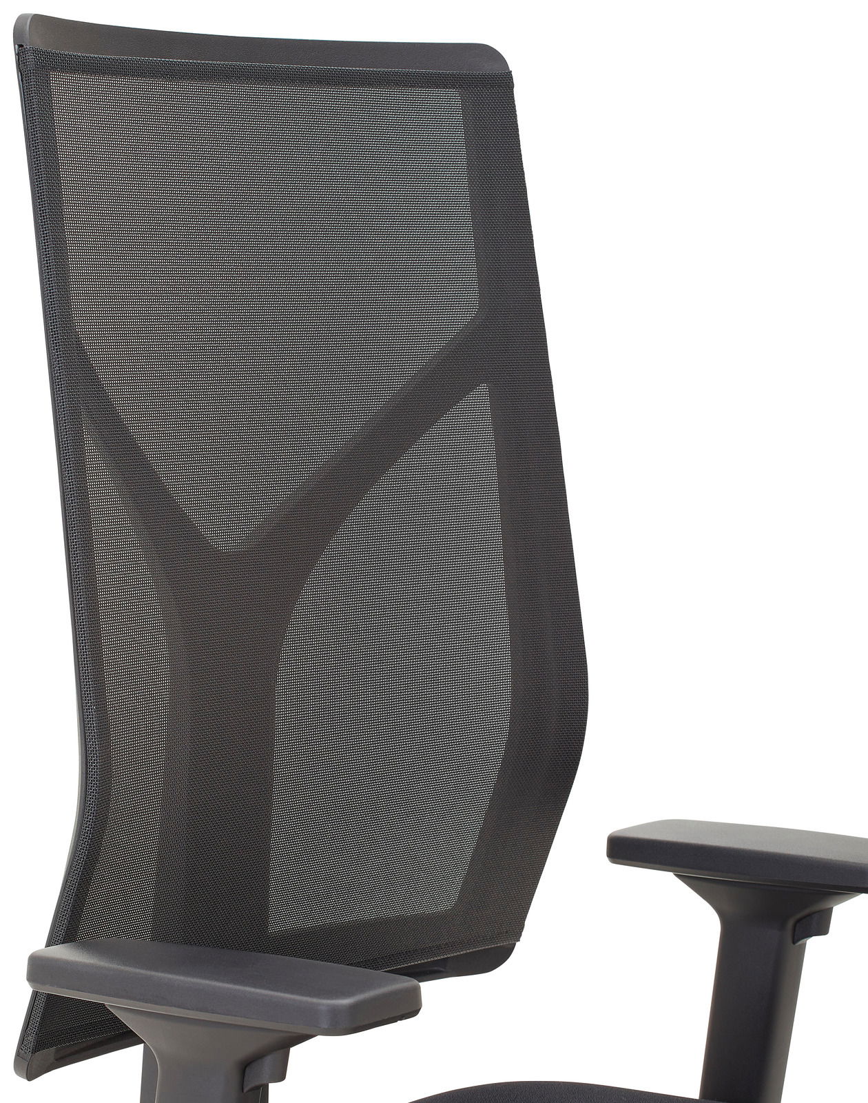 Rückansicht eines modernen Drehstuhls mit Netzrückenlehne und Armlehnen