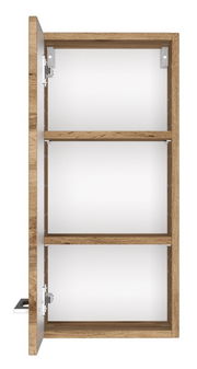 Hängeschrank aus Holz mit drei offenen Fächern, Tür links geöffnet, Frontalansicht