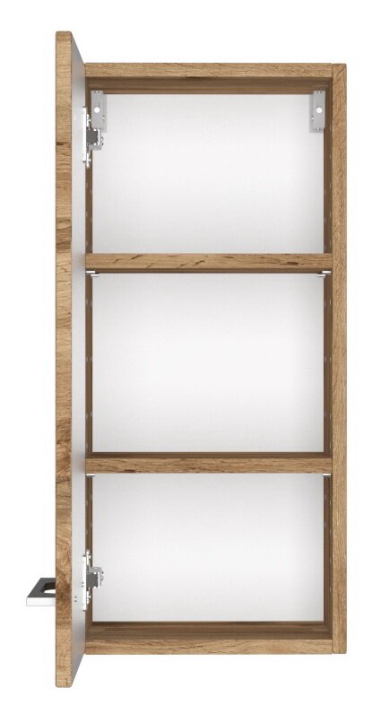 Hängeschrank aus Holz mit drei offenen Fächern, Tür links geöffnet, Frontalansicht