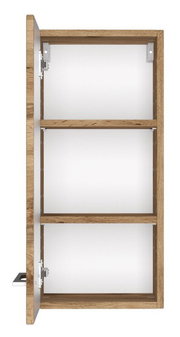 Hängeschrank aus Holz mit drei offenen Fächern, Tür links geöffnet, Frontalansicht