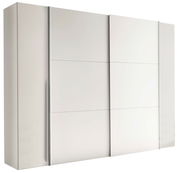 Moderner Dreh- und Schwebetürenschrank mit vier Türen in Weiß, seitliche Perspektive