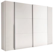 Moderner Dreh- und Schwebetürenschrank mit vier Türen in Weiß, seitliche Perspektive
