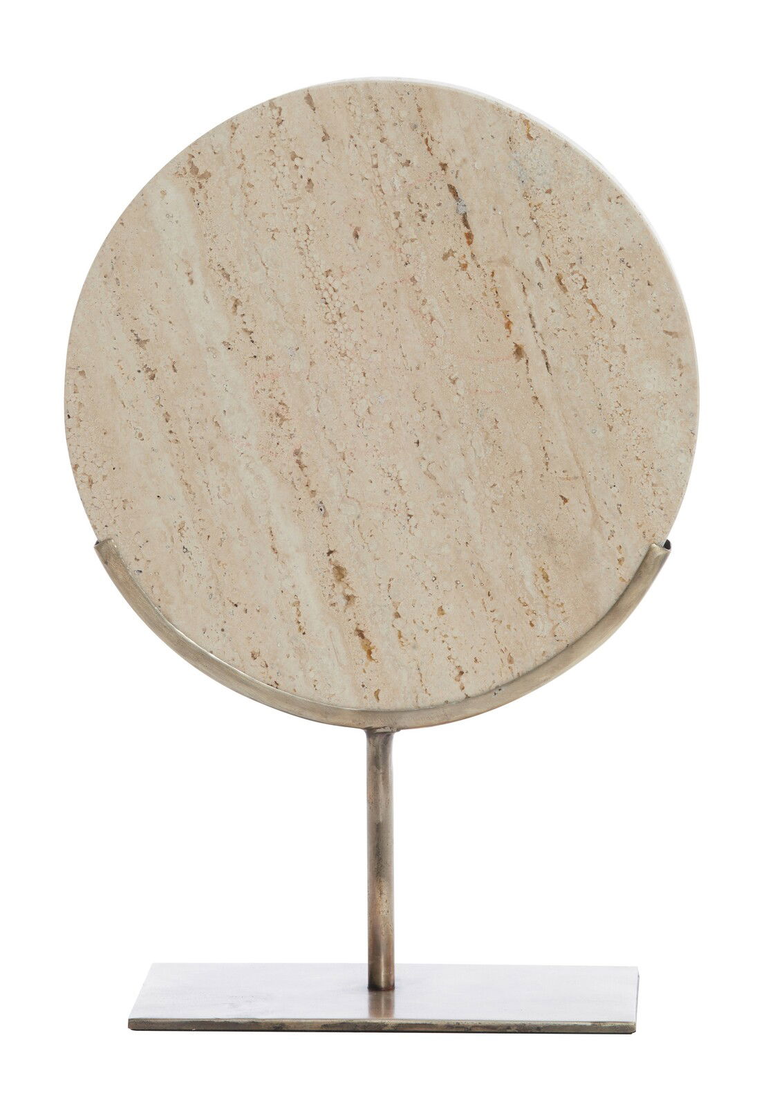 Rundes Ornament aus hellem Stein auf einem Metallständer, frontal fotografiert.