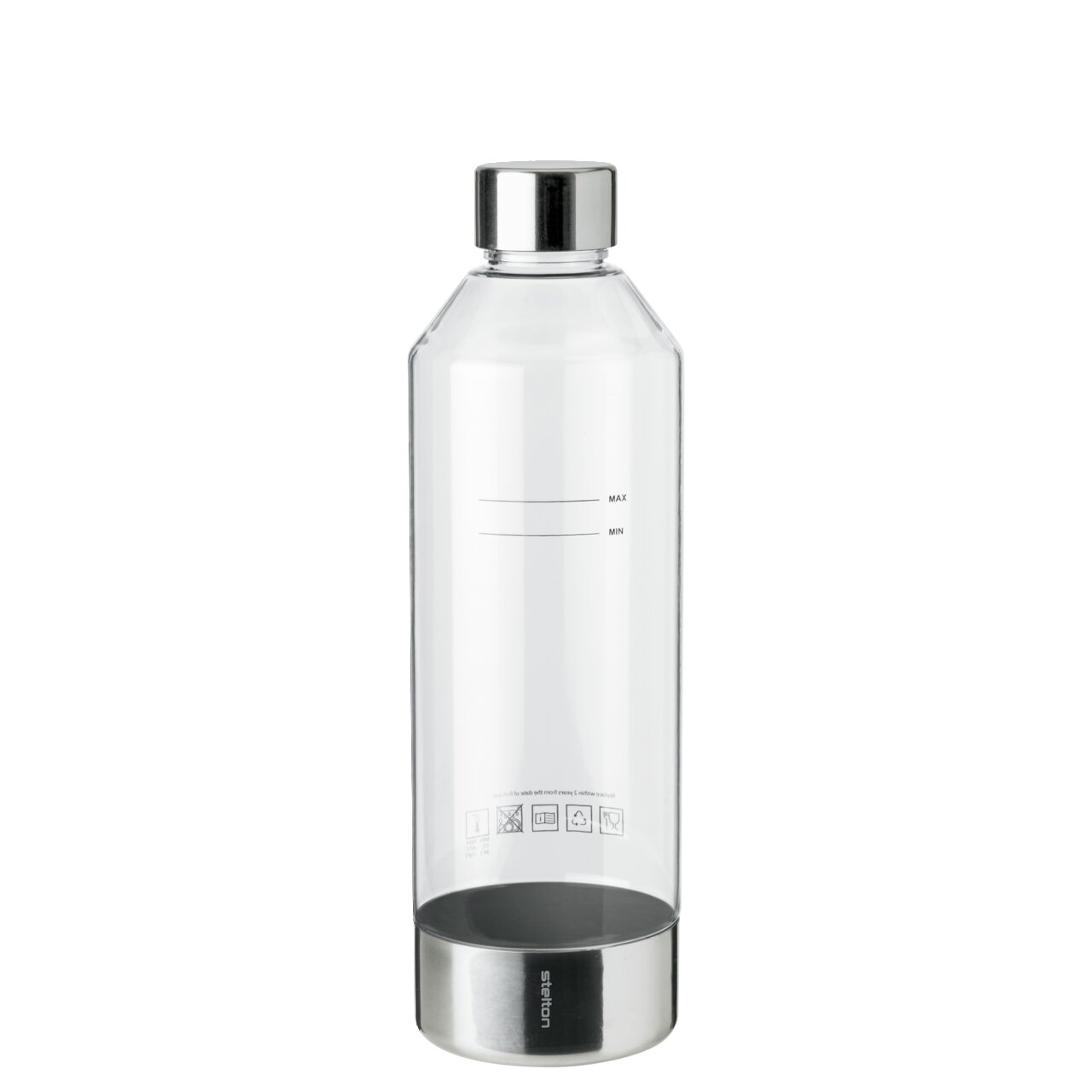 Transparente Wassersprudler-Flasche mit silbernem Deckel und Boden, frontal fotografiert.