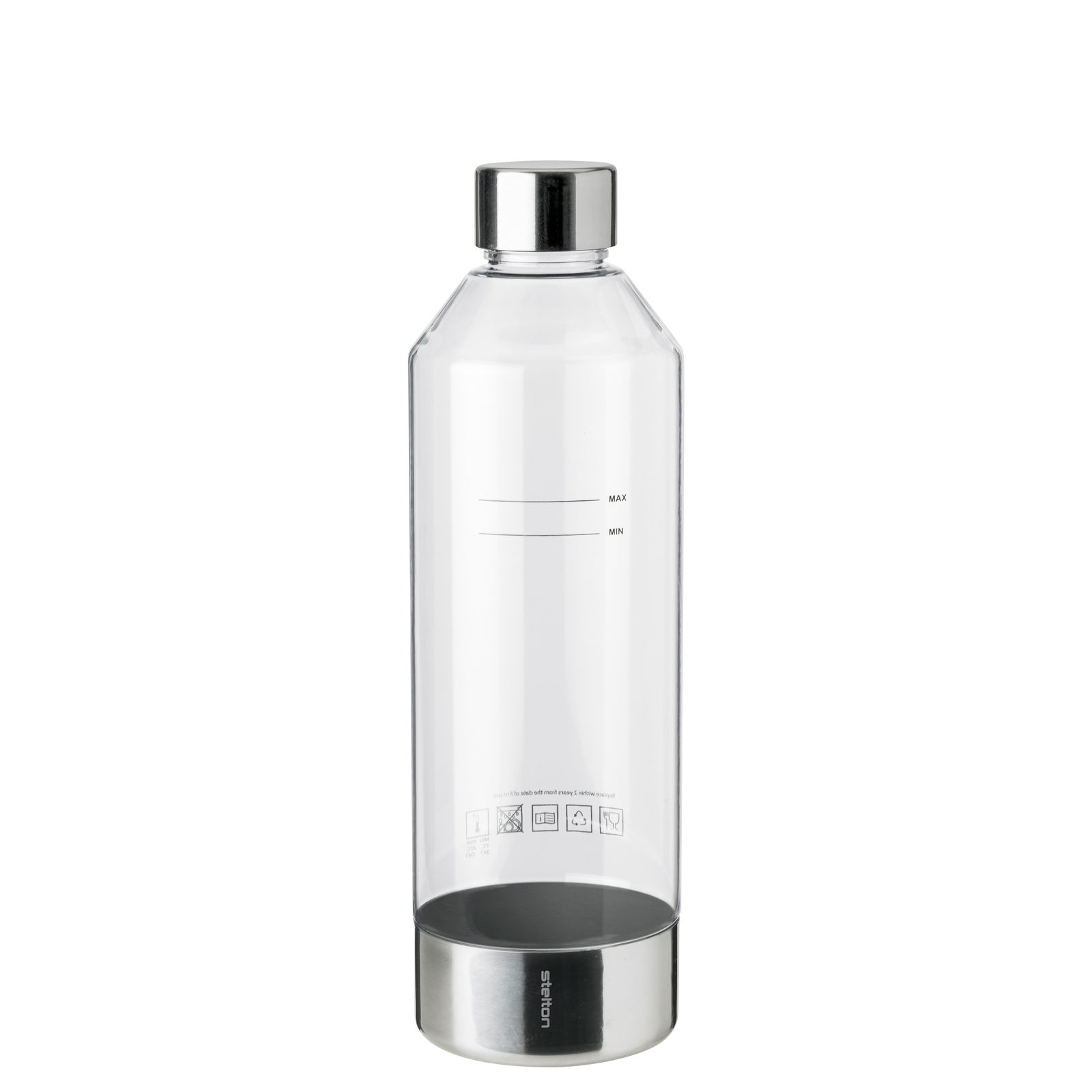 Transparente Wassersprudler-Flasche mit silbernem Deckel und Boden, frontal fotografiert.
