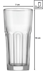 Ein Longdrinkglas Riad mit einem Fassungsvermögen von 280 ml, 14 cm hoch und 7 cm im Durchmesser, aus der Seitenperspektive fotografiert.