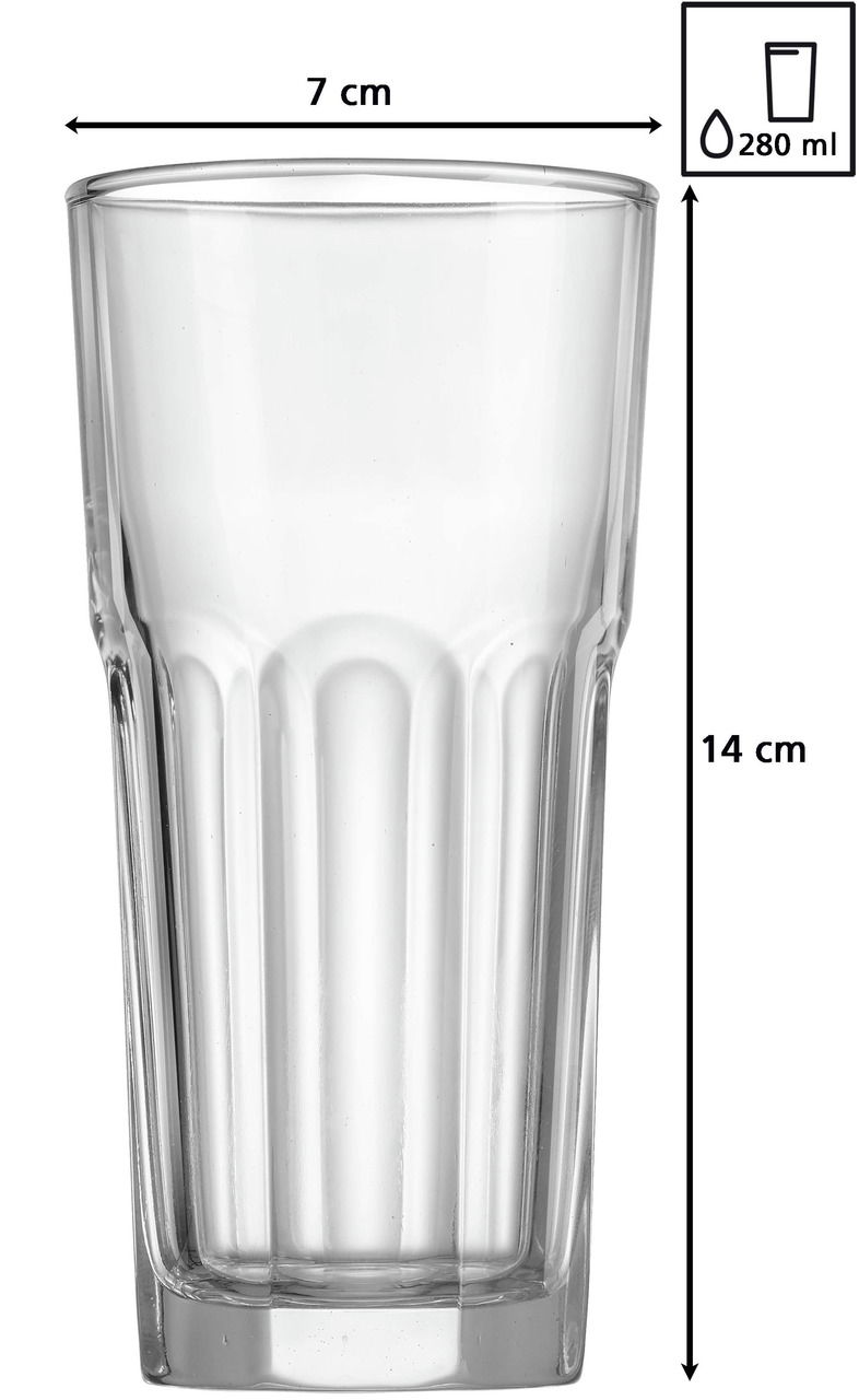 Ein Longdrinkglas Riad mit einem Fassungsvermögen von 280 ml, 14 cm hoch und 7 cm im Durchmesser, aus der Seitenperspektive fotografiert.