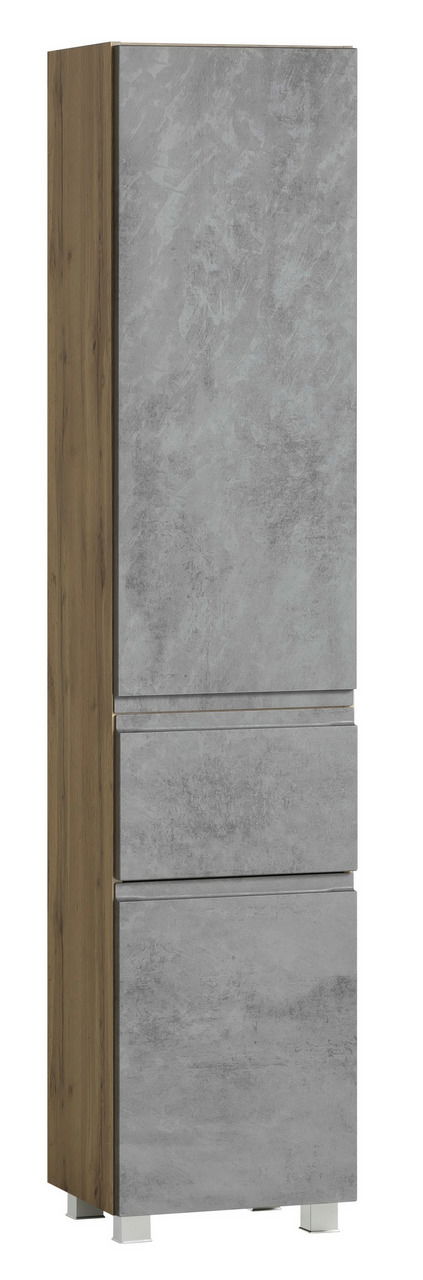Moderner Hochschrank in Betonoptik mit Holzseiten, frontal und leicht seitlich betrachtet.