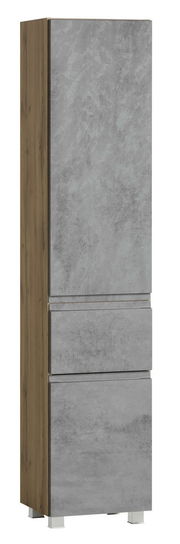 Moderner Hochschrank in Betonoptik mit Holzseiten, frontal und leicht seitlich betrachtet.