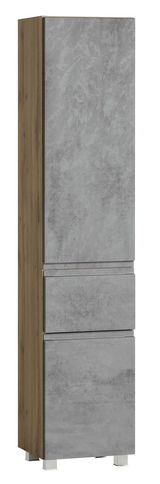 Moderner Hochschrank in Betonoptik mit Holzseiten, frontal und leicht seitlich betrachtet.