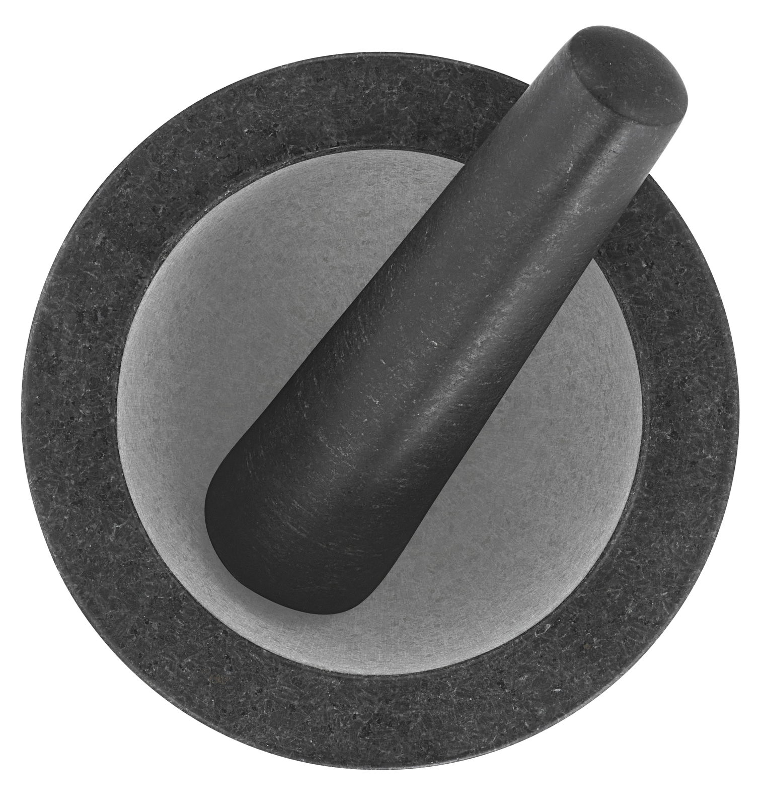 Ansicht von oben auf einen schwarzen Mörser mit Stößel, 14,5 cm Durchmesser.