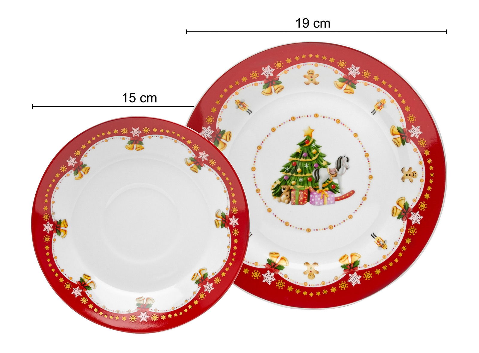 Zwei weihnachtlich dekorierte Teller mit rotem Rand, einer mit einem Weihnachtsbaum und Geschenken, aus der Vogelperspektive.