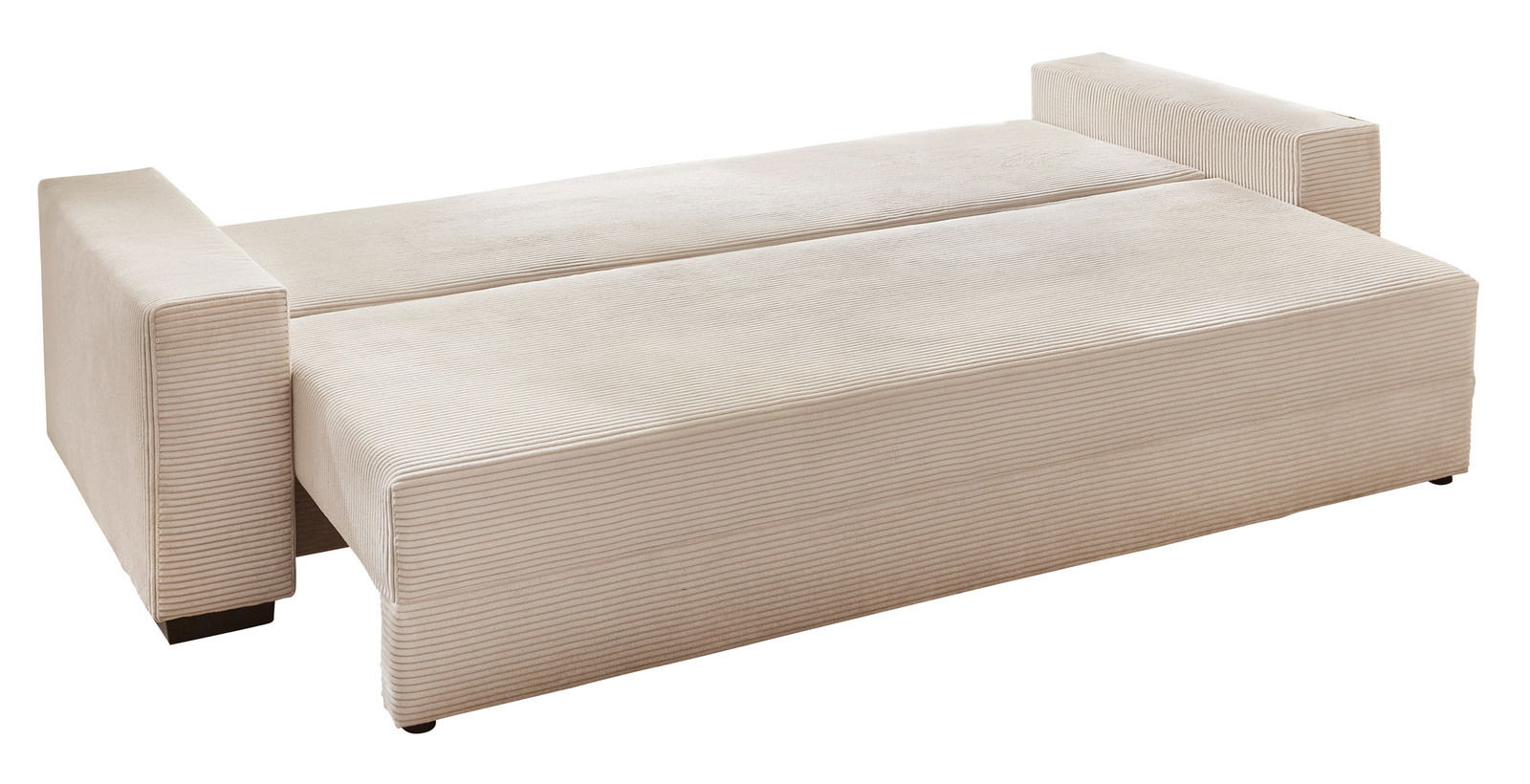 Beiges Funktionssofa in ausgeklappter Position, seitliche Perspektive