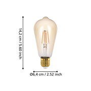 Vintage LED-Filament-Glühbirne mit goldfarbenem Schraubsockel, bernsteinfarbenem Glas; Produktfoto in Frontalansicht mit Maßangaben 14,2 cm Höhe und 6,4 cm Durchmesser.