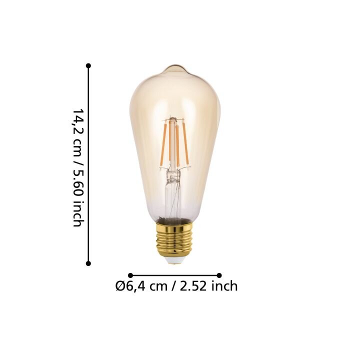 Vintage LED-Filament-Glühbirne mit goldfarbenem Schraubsockel, bernsteinfarbenem Glas; Produktfoto in Frontalansicht mit Maßangaben 14,2 cm Höhe und 6,4 cm Durchmesser.