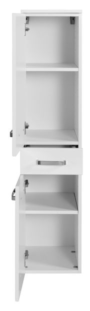 Weißer Midischrank mit zwei offenen Türen und einer Schublade, frontal betrachtet.