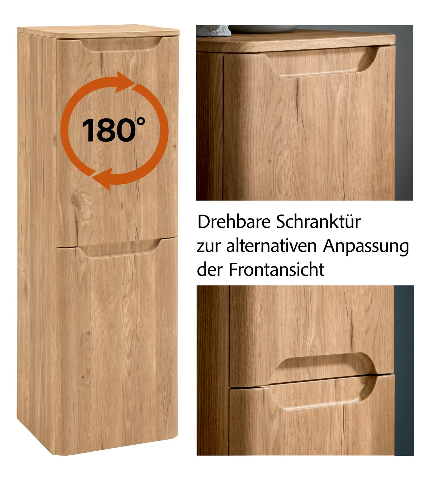 Hoher Holzschrank in Eichenoptik mit 180° drehbarer Schranktür und integrierten Griffmulden, Frontansicht mit Detailansichten der Tür (Perspektive: frontal/leicht seitlich).