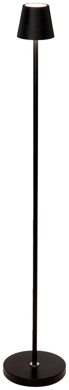Schwarze Akku-Stehleuchte mit rundem Sockel und konischem Lampenschirm, frontal abgebildet.